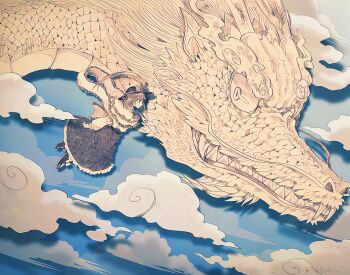 1girl above_clouds ascot blue_sky bow capelet cloud dragon eastern_dragon frilled_capelet frills greyscale_with_colored_background hagoromo hat hat_bow itomugi-kun long_sleeves medium_hair nagae_iku shawl shirt shoes skirt sky solo touhou wide_shot