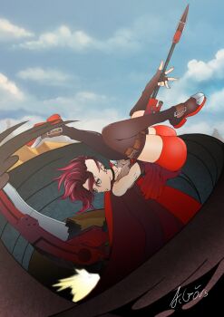 1girl alex_goers alternate_costume alternate_hairstyle ass asymmetrical_hair bare_shoulders black_choker blue_sky boots brown_boots brown_gloves brown_shirt choker closed_mouth cloud commentary crescent_rose day ear_piercing earrings elbow_gloves english_commentary eyelashes fingerless_gloves fingernails full_body gloves grey_eyes highres holding holding_scythe holding_weapon jewelry medium_hair midair outdoors piercing red_hair red_shorts red_skirt ruby_rose rwby scythe shirt shorts shorts_under_skirt sidecut signature skirt sky solo thighhighs undercut weapon zettai_ryouiki