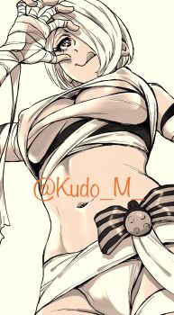 1girl angel_(kof) breasts cleavage commentary_request covered_erect_nipples dark-skinned_female dark_skin from_below hair_over_one_eye highres kudou_masashi large_breasts limited_palette mummy_costume navel panties solo the_king_of_fighters tongue tongue_out twitter_username underwear upper_body watermark white_panties