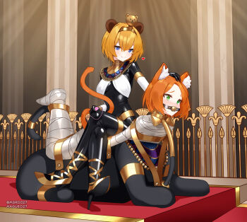 2girls absurdres ancient_egyptian ancient_egyptian_clothes animal_ear_fluff animal_ears ball_gag bdsm black_bodysuit blonde_hair blue_eyes bodysuit bodysuit_under_clothes breasts bridal_gauntlets controller crossed_legs drooling egg_vibrator egypt elbow_gloves female_focus forniphilia gag gagged gloves gold green_eyes hand_on_another&#039;s_head heart high_heels highres holding holding_remote_control human_furniture immobilization indoors jewelry latex latex_bodysuit maguro27 medium_breasts multiple_girls mummification_(bound) orange_hair original remote_control remote_control_vibrator saliva saliva_trail sex_toy shiny_clothes short_hair sitting sitting_on_person skin_tight spoken_heart tail thighlet uraeus usekh_collar variant_set vibrator yuri