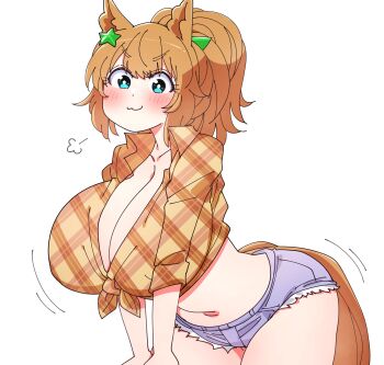 1girl :3 animal_ears blue_eyes blue_shorts blush breasts cleavage closed_mouth commentary_request denim denim_shorts hair_ornament highres horse_ears horse_girl huge_breasts kaijin_debeso looking_at_viewer medium_hair navel orange_hair orange_shirt plaid_clothes plaid_shirt ponytail puff_of_air shirt short_shorts shorts simple_background solo star_(symbol) star_hair_ornament taiki_shuttle_(umamusume) umamusume white_background