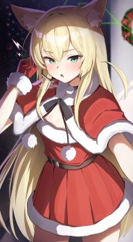 1girl absurdres animal_ear_fluff animal_ears belt black_belt blonde_hair blue_archive blush capelet commentary_request cowboy_shot dress earpiece flat_chest fox_ears fox_girl fur-trimmed_capelet fur-trimmed_gloves fur_trim gloves green_eyes green_halo halo highres kuromiz kurumi_(blue_archive) long_hair looking_at_viewer open_mouth red_capelet red_dress red_gloves santa_costume santa_dress short_dress solo v-shaped_eyebrows very_long_hair