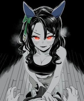 Rule 34 | 1boy, 1girl, absurdres, animal ears, blush, bow, breasts, bulge, cleavage, commentary, crotch grab, ear bow, ear covers, english commentary, erection, erection under clothes, foreshortening, green bow, greyscale, hair between eyes, hand on another's crotch, hetero, highres, horse ears, horse girl, horse tail, king halo (umamusume), kunitoro (artist), large breasts, limited palette, looking at viewer, medium hair, monochrome, one side up, open mouth, pov, red eyes, smile, sports bra, standing, sweat, tail, umamusume, v-shaped eyebrows