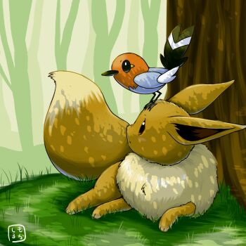animal_focus beak bird brown_eyes brown_fur eevee fletchling gen_1_pokemon gen_6_pokemon highres lying moshi2hitomoshi nintendo no_humans on_head pokemon pokemon_(creature) pokemon_focus pokemon_on_head tail tree under_tree wings