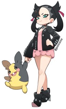 1girl black_boots black_hair black_jacket black_nails boots closed_mouth commentary dress earrings eyelashes gen_8_pokemon gloomcactus green_eyes hair_ribbon highres jacket jewelry knees long_hair long_sleeves looking_down marnie_(pokemon) morpeko morpeko_(full) nail_polish nintendo open_clothes open_jacket pink_dress pokemon pokemon_(creature) pokemon_swsh ribbon smile standing twintails
