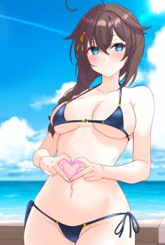 1girl absurdres ahoge bare_shoulders bikini blue_bikini blue_eyes blush braid breasts brown_hair hair_ornament hairclip heart heart_hands highres kantai_collection large_breasts looking_at_viewer navel nitamako_(sakamalh) outdoors shigure_(kancolle) side-tie_bikini_bottom solo swimsuit