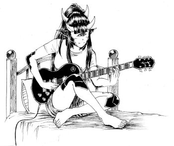 1girl barefoot bed cacodemon closed_mouth crossed_legs cyclops demon_girl doom_(series) electric_guitar feet full_body greyscale guitar instrument light_smile long_hair monochrome on_bed one-eyed personification pillow playing_guitar playing_instrument pointy_ears scales short_sleeves shorts sitting solo spikes substance20 toenails toes very_long_hair