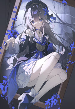 1girl absurdres beret black_hat black_jacket boots bright_pupils chain chinese_commentary choker clothing_cutout collarbone commentary_request doll_joints dress expressionless flower grey_background grey_hair hair_flower hair_ornament hair_ribbon hand_up hat head_tilt herta_(puppet)_(honkai:_star_rail) high_heel_boots high_heels highres honkai:_star_rail honkai_(series) jacket joints knees_up lock long_hair looking_at_viewer neckerchief parted_lips picture_frame puppet_strings purple_choker purple_eyes purple_flower purple_neckerchief purple_ribbon qtian ribbon short_dress shoulder_cutout sidelocks solo through_medium through_painting wavy_hair white_dress white_pupils wide_sleeves