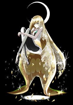 Rule 34 | 1girl, bare shoulders, black background, black leggings, blonde hair, breasts, crescent, crystal hair, diamond (shape), dress, full body, gem, green eyes, green gemstone, hair over one eye, high heels, highres, leggings, long hair, looking at viewer, lusamine (pokemon), nintendo, pokemon, pokemon sm, simple background, sitting, sleeveless, sleeveless dress, small breasts, solo, ssn (sasa8u9r), two-tone leggings, very long hair, white dress, white leggings