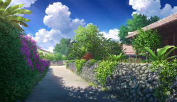 absurdres blue_sky cloud cloudy_sky commentary_request day flower grass hedge highres house no_humans original outdoors path pei_(sumurai) purple_flower red_flower road scenery shade sky stone_wall sunlight tree