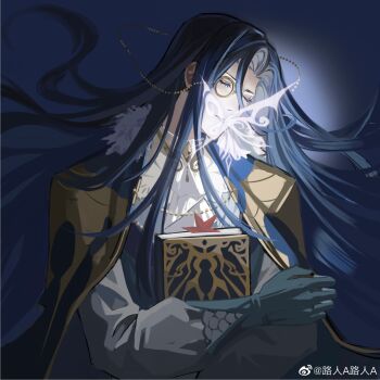 Rule 34 | 1boy, aqua gloves, ascot, black cape, black vest, blue background, blue hair, book, bug, butterfly, butterfly on mouth, cape, chinese commentary, clarence clayden, clarence clayden (godheim), closed eyes, collared shirt, commentary request, crabwzzzz, curtained hair, facing to the side, fur-trimmed cape, fur trim, gloves, glowing butterfly, hair spread out, highres, holding, holding book, hugging object, insect, leaf, long hair, long sleeves, lovebrush chronicles, male focus, maple leaf, mole, mole under eye, monocle, parted bangs, parted lips, shirt, simple background, smile, solo, upper body, vest, watermark, weibo watermark, white ascot, white butterfly, white shirt