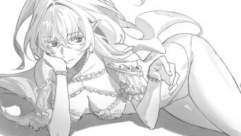 1girl ahoge bare_shoulders bikini breasts cleavage commentary_request fate/grand_order fate_(series) greyscale hand_on_own_cheek hand_on_own_face highres korean_commentary lady_avalon_(fate) lady_avalon_(second_ascension)_(fate) long_hair lying merlin_(fate/prototype) monochrome on_side shadow simple_background sumssingbo swimsuit very_long_hair wrist_cuffs
