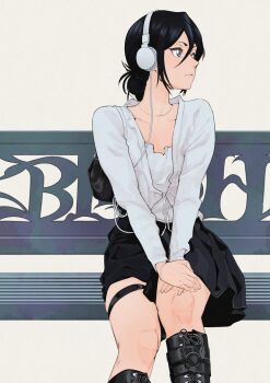 1girl absurdres bag bench black_bag black_footwear black_hair black_skirt bleach commentary dakaeya feet_out_of_frame grey_eyes hair_bun hands_on_own_knee headphones highres kuchiki_rukia long_hair looking_to_the_side shoulder_bag simple_background single_hair_bun sitting skirt solo
