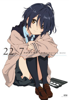 Rule 34 | 1girl, 22/7, antenna hair, black hair, black hood, black necktie, black skirt, black socks, blue shirt, brown eyes, brown hoodie, brown shoes, clapperboard, closed mouth, collarbone, collared shirt, copyright notice, cover, cover page, full body, group name, hair over eyes, head tilt, hood, hood down, hoodie, horiguchi yukiko, hugging own legs, kneehighs, loafers, long sleeves, looking at viewer, miniskirt, necktie, official art, open clothes, open hoodie, shirt, shoes, short hair, simple background, sitting, skirt, smile, socks, solo, takigawa miu, white background