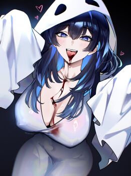1girl black_hair blood blood_drip blue_eyes blue_hair breasts cleavage colored_inner_hair ghost_costume heart highres hololive hololive_english large_breasts long_hair multicolored_hair ouro_kronii pink_pupils sakichka sleeves_past_fingers sleeves_past_wrists solo teeth tongue tongue_out twitter_username upper_teeth_only