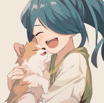 1boy animal blue_hair blush closed_eyes commentary_request cream_background dog dot_nose drawstring ebi_(shrimp_eleven) fang hair_over_one_eye holding holding_animal holding_dog hood hood_down hoodie inazuma_eleven inazuma_eleven_(series) kazemaru_ichirouta male_focus one_eye_covered open_mouth ponytail simple_background solo teeth tongue trap upper_body upper_teeth_only