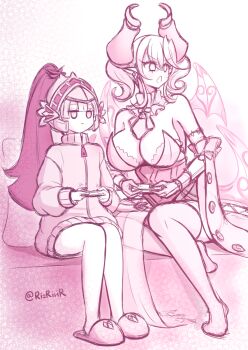 akisame_rizu bare_shoulders breasts cleavage controller demon_girl demon_horns demon_wings dress drill_hair duel_monster greyscale helmet holding holding_controller horns jacket knight_(yu-gi-oh!) large_breasts lovely_labrynth_of_the_silver_castle monochrome multiple_wings pink_theme sitting sketch strapless strapless_dress track_jacket twin_drills twitter_username wings yu-gi-oh!