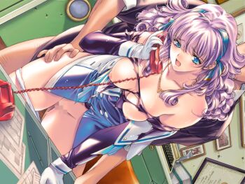 1boy 1girl antique_phone bare_legs blue_eyes blue_shirt blush bottomless dai_(series) daiakuji doggystyle holding holding_phone min-naraken navel open_mouth phone purple_hair rotary_phone seanel_brawn sex sex_from_behind shirt solo_focus talking_on_phone torn_clothes vaginal