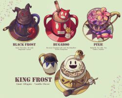 Rule 34 | :d, absurdres, black frost, candy, character name, cup, drink, duckpasta, flower, food, glint, highres, king frost, lock, mug, no humans, open mouth, shin megami tensei, simple background, smile, spoon, teacup, wrapped candy