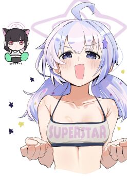 2girls absurdres ahoge alternate_costume animal_ears bare_shoulders black_hair blue_archive blue_hair blush breasts cat_ears chibi chibi_inset clenched_hands clothes_writing collarbone cropped_torso hair_ornament halo highres kazusa_(blue_archive) long_hair looking_at_viewer low_twintails multicolored_hair multiple_girls open_mouth pink_hair purple_eyes purple_hair reisa_(blue_archive) simple_background small_breasts smile solo_focus sports_bra star_(symbol) star_hair_ornament twintails uni_vhs upper_body white_background white_sports_bra