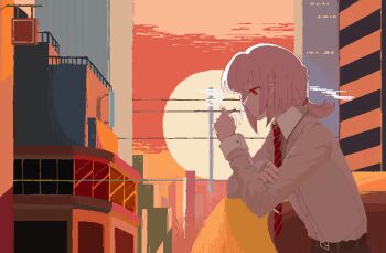 Rule 34 | 1boy, absurdres, belt, building, chinese commentary, city, collared shirt, commentary request, diagonal-striped clothes, diagonal-striped necktie, dress shirt, erase20871, from side, highres, leaning on object, low ponytail, male focus, necktie, no cardigan, outdoors, pixel art, ponytail, profile, red eyes, red necktie, saihate eki, shirt, sidelocks, smoking, solo, striped clothes, sunset, tatsunami shion, upper body, white shirt