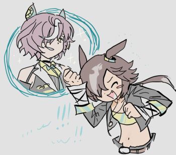 ! !! 2girls ^_^ animal_ears aqua_necktie belt belt_pouch black_choker black_jacket black_pants black_vest blush_stickers brown_belt brown_hair choker closed_eyes collarbone collared_jacket collared_shirt colored_lapels commentary_request crop_top cropped_torso dot_nose ear_covers ear_ornament fang flat_color grey_background grin hair_over_one_eye happy horse_ears horse_girl jacket jewelry korean_commentary lapels layered_sleeves leather leather_jacket long_hair long_sleeves low_ponytail midriff multicolored_hair multiple_girls navel necktie notched_lapels open_clothes open_jacket open_mouth pants pendant pinstripe_pattern pinstripe_vest ponytail pouch purple_hair shirt simple_background sleeve_cuffs sleeveless sleeveless_jacket sleeveless_shirt smile speech_bubble strapless strapless_shirt streaked_hair striped_clothes striped_shirt tanino_gimlet_(embodiment_of_keravnos)_(umamusume) tanino_gimlet_(umamusume) thought_bubble umamusume uuzzangohayo v-shaped_eyebrows vest vodka_(umamusume) vodka_(wild_top_gear)_(umamusume) wavy_hair yellow_eyes yellow_shirt