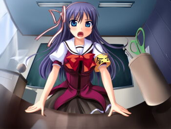 1girl armband blue_eyes blush bow bowtie breasts ceiling chalkboard cowboy_shot desk fisheye from_below fumizuki_yukari game_cg globe grey_skirt hair_between_eyes hair_ribbon hands_on_table hara_hara!! indoors leaning_forward locker long_hair looking_at_viewer medium_breasts miniskirt open_hands open_mouth pen pink_ribbon pleated_skirt puffy_short_sleeves puffy_sleeves purple_hair purple_serafuku red_bow ribbon ruler safety_pin sailor_collar school_uniform scissors serafuku short_sleeves skirt solo standing straight_hair suzumiya_natsuki third-party_source variant_set white_sailor_collar wince window yellow_armband