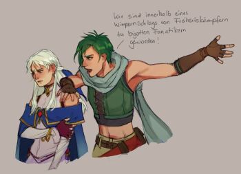 1boy 1girl aevi bracelet commentary crop_top cropped_legs english_commentary fingerless_gloves fire_emblem fire_emblem:_radiant_dawn german_text gloves green_hair hand_on_another's_shoulder jewelry long_hair micaiah_(fire_emblem) nintendo official_alternate_costume short_hair simple_background sothe_(fire_emblem) translation_request white_hair