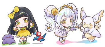 :o audino black_hair blue_pupils blush_stickers bow bowtie chibi chibi_only colored_eyelashes commentary crossover curly_hair ditto dress flower full_body gen_1_pokemon gen_5_pokemon gogumata hair_bow hands_up himitsu_no_aipri holding holding_flower idol idol_clothes leaning_forward long_hair looking_at_viewer mega_audino mega_pokemon nintendo pointing pointing_at_self pokemon pokemon_(creature) porygon pretty_series purple_flower ring_clover shoes smile standing straight-on straight_hair suzukaze_tsumugi symbol-shaped_pupils thighhighs tiara triangle-shaped_pupils twintails white_dress white_flower white_hair white_shoes white_thighhighs yellow_bow yellow_bowtie yellow_dress yellow_eyes yellow_shoes