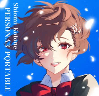 1girl black_jacket blue_background bow brown_hair character_name commentary copyright_name english_commentary falling_petals gekkoukan_high_school_uniform hair_between_eyes hair_ornament hairclip jacket looking_at_viewer niu_njgr persona persona_3 persona_3_portable petals portrait red_bow red_eyes school_uniform shiomi_kotone short_hair smile solo white_petals wing_collar
