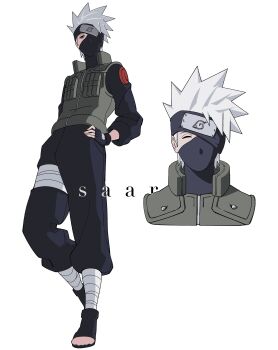 1boy absurdres bandaged_leg bandages black_gloves black_headband black_mask black_pants black_shirt black_shoes closed_eyes fingerless_gloves flak_jacket full_body gloves green_vest grey_hair hatake_kakashi headband headband_over_one_eye highres jacket konohagakure_shinobi_uniform konohagakure_symbol male_focus mask mouth_mask multiple_views naruto_(series) open-toe_shoes pants saarcheung shirt shoes short_hair solo spiked_hair upper_body vest white_background
