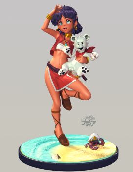 1girl bandeau blue_eyes bracelet breasts crab dark-skinned_female dark_skin earrings full_body fushigi_no_umi_no_nadia gontas00 hair_ornament hairclip jewelry king_(nadia) loincloth midriff nadia_la_arwall neck_ring necklace open_mouth pelvic_curtain purple_hair short_hair small_breasts smile strapless tube_top vest