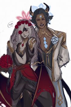 1boy 1emonous 1girl animal_ears askr_(fire_emblem) bat_ears bat_girl bat_wings black_dress blue_eyes blue_hair blue_halo bouquet breasts bridal_veil bride brooch commentary cow_boy cow_horns dark-skinned_male dark_skin dress embla_(closed-off_bride)_(fire_emblem) embla_(fire_emblem) english_commentary eyepatch fingerless_gloves fire_emblem fire_emblem_heroes flower flower_eyepatch frown gloves gold_trim hair_flower hair_ornament halo highres holding holding_bouquet horns jewelry lace-trimmed_eyepatch long_hair looking_at_another mature_female mature_male nintendo official_alternate_costume red_eyes red_flower red_halo red_rose rose short_hair smile veil wedding_dress white_background white_hair wings