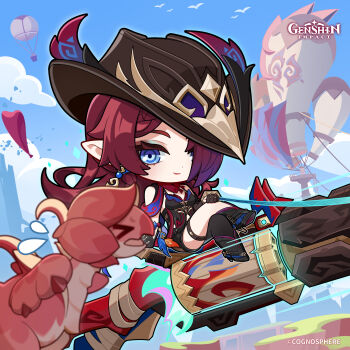 >_< 1girl absurdres aircraft asymmetrical_pants bird blue_eyes blue_sky blurry blurry_background boots braid breasts chasca_(genshin_impact) chibi closed_mouth cloud commentary copyright_name crossed_legs day dot_nose earrings english_commentary flying_sweatdrops genshin_impact gloves gradient_hair hair_over_one_eye high_heel_boots high_heels highres hot_air_balloon jewelry long_hair looking_at_viewer medium_breasts multicolored_hair official_art open_mouth outdoors pointy_ears qucusaurus_(genshin_impact) sitting sky thigh_strap