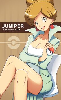 1girl professor_juniper bare_legs breasts brown_hair chair cleavage clothes crossed_legs earrings green_eyes hair_bun highres jewelry lab_coat large_breasts legs looking_at_viewer nintendo open_mouth poke_ball pokemon pokemon_bw single_hair_bun sitting sitting_on_object smile solo third-party_edit vivivoovoo