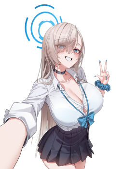 Rule 34 | 1girl, absurdres, asuna (blue archive), asuna (school uniform) (blue archive), black skirt, blonde hair, blue archive, blue bow, blue bowtie, blue eyes, blue halo, blush, bow, bowtie, breasts, choker, cleavage, collared shirt, eyes visible through hair, grin, hair over one eye, halo, highres, large breasts, long hair, looking at viewer, macabro, pleated skirt, rolling eyes, school uniform, scrunchie, selfie, shirt, skirt, smile, solo, v, very long hair, white shirt, wrist scrunchie
