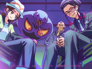 1girl 2boys arbok black-framed_eyewear black_jacket black_pants blurry brown_hair collared_shirt commentary_request corbeau_(pokemon) gen_1_pokemon glasses green_jacket grin harmony_(pokemon) hat indoors jacket looking_down multiple_boys necktie nintendo open_clothes open_jacket own_hands_together pants philippe_(pokemon) pokemon pokemon_(creature) pokemon_legends:_z-a purple_shirt puteru round_eyewear shirt short_hair sidelocks sitting smile teeth watermark white_hat white_shirt