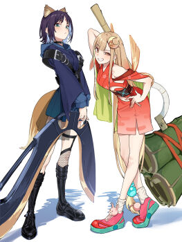 Rule 34 | 2girls, bare shoulders, black boots, blonde hair, blue hair, blue hoodie, blue kimono, boots, breasts, cho kaguya-hime!, closed mouth, colored inner hair, crescent, crescent hair ornament, crossed legs, facial mark, fishnet thighhighs, fishnets, forehead mark, full body, green eyes, grin, hair ornament, hammer, highres, holding, holding hammer, holding sword, holding weapon, hood, hoodie, japanese clothes, kaguya (cho kaguya-hime!), kimono, legwear garter, long sleeves, looking at viewer, medium breasts, multicolored hair, multiple girls, orange eyes, over-kneehighs, pink shoes, purple hair, red kimono, sakayori iroha, shino 12a, shoes, short kimono, simple background, single legwear garter, single thighhigh, sleeveless, sleeveless kimono, smile, sneakers, standing, sword, thighhighs, v-shaped eyebrows, weapon, white background