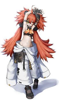 1girl absurdres ahoge animal_ears bare_shoulders bear_ears black_gloves breasts commentary crop_top english_commentary eyepatch fake_animal_ears fingerless_gloves gloves hair_between_eyes hair_ornament highres itanase koleda_belobog long_hair looking_at_viewer midriff navel pants red_eyes red_hair solo sphere_hair_ornament twintails zenless_zone_zero