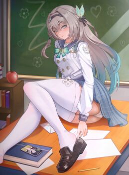 1girl absurdres blush firefly_(honkai:_star_rail) highres honkai:_star_rail honkai_(series) long_hair long_legs looking_at_viewer panties puppnett shoes single_shoe smile solo thighhighs underwear white_panties white_thighhighs