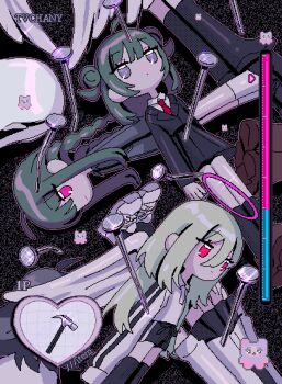 6+girls angel black_jacket black_shorts black_skirt black_socks boots braid commentary english_commentary formal_clothes green_hair hair_bun halo hammer highres jacket kneehighs long_hair long_sleeves miniskirt multiple_girls myon_(tokipi) nail_(hardware) necktie original purple_eyes red_eyes red_necktie shirt shorts side_up_bun skirt skirt_suit socks suit thigh_boots track_jacket traditional_halo white_jacket white_socks wings