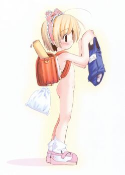 00s 1girl absurdres ahoge backpack bag blonde_hair blue_one-piece_swimsuit blue_school_swimsuit blush from_side full_body highres holding holding_swimsuit holding_unworn_clothes loli name_tag nipples no_mouth nude one-piece_swimsuit pop randoseru red_bag school_swimsuit shoes short_hair socks swimsuit undressing unworn_swimsuit white_socks
