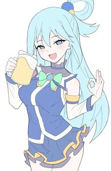 1girl :d absurdres alcohol aqua_(konosuba) bare_shoulders beer beer_mug bilingual_commentary blue_eyes blue_hair blue_shirt blue_skirt blush bow bowtie breasts brooch commentary cowboy_shot cup detached_sleeves eyelashes flat_color fuyukey green_bow green_bowtie hair_between_eyes hair_bobbles hair_ornament hair_rings half_updo hand_up hands_up highres holding holding_cup jewelry kono_subarashii_sekai_ni_shukufuku_wo! large_breasts long_hair long_sleeves looking_at_viewer miniskirt mixed-language_commentary mug ok_sign open_mouth pleated_skirt shirt sidelocks simple_background skirt sleeveless sleeveless_shirt smile solo straight_hair tsurime very_long_hair white_background white_sleeves