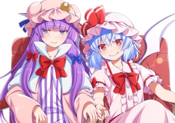 2girls bat_wings blue_bow blue_hair bow bowtie closed_mouth commentary_request crescent crescent_hat_ornament dress eichi_yuu fang fang_out hat hat_ornament hat_ribbon holding_hands long_hair long_sleeves looking_at_viewer mob_cap multiple_girls patchouli_knowledge pink_dress pink_hat pink_shirt pink_skirt pointy_ears puffy_short_sleeves puffy_sleeves purple_eyes purple_hair red_bow red_bowtie red_eyes remilia_scarlet revision ribbon shirt short_sleeves sitting skirt skirt_set smile striped_clothes striped_dress touhou wide_sleeves wings yuri