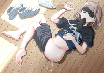 1girl after_rape aftersex barefoot black_socks blue_eyes bob_cut bottle clothes_pull cum cum_on_ass cum_on_body cum_pool earrings empty_eyes facing_viewer feet female_focus fingernails full_body half-closed_eyes highres hood hoodie idolmaster idolmaster_shiny_colors jewelry legs light_brown_hair lying midriff namego3go navel nude on_back on_floor open_mouth rape saliva serizawa_asahi shirt shoes unworn_shoes short_hair shorts shorts_pull single_earring sleep_molestation sneakers sock_gagged sock_in_mouth socks unworn_socks soles solo toenails toes water_bottle wooden_floor