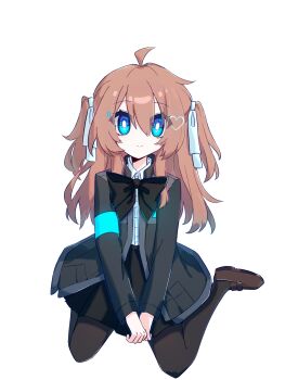 1girl absurdres ahoge black_bow black_bowtie black_jacket black_pantyhose black_skirt blue_eyes blue_ribbon bow bowtie brown_hair brown_shoes closed_mouth commentary_request detroit:_become_human dress_shirt full_body hair_between_eyes hair_ornament hair_ribbon heart heart_hair_ornament highres jacket long_hair long_sleeves looking_at_viewer neuro-sama open_clothes open_jacket pantyhose ribbon shirt shoes signature sitting skirt smile solo timestamp transparent_background two_side_up user_hmyv8473 vedal_ai virtual_youtuber wariza white_shirt