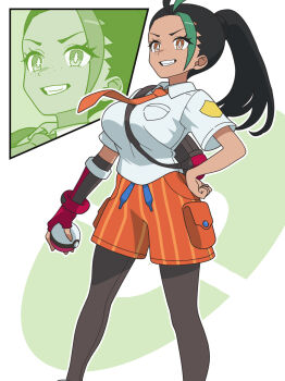 1girl black_hair black_leggings breasts collared_shirt dark-skinned_female dark_skin fingerless_gloves freckles gloves green_hair grin highres holding holding_poke_ball kanbei_(pixiv11037490) large_breasts leggings leggings_under_shorts long_hair multicolored_hair naranja_academy_school_uniform necktie nemona_(pokemon) nintendo open_mouth orange_necktie orange_shorts poke_ball poke_ball_(basic) pokemon pokemon_sv ponytail school_uniform shirt short_sleeves shorts single_glove smile streaked_hair teeth two-tone_hair