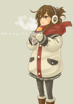 1girl absurdres alternate_costume black_pantyhose black_skirt boots brown_eyes brown_hair coat earmuffs eating feet_out_of_frame folded_ponytail food fur-trimmed_boots fur_trim grey_background hashtag-only_commentary highres inazuma_(kancolle) kantai_collection long_hair pantyhose pleated_skirt pot-de red_scarf scarf simple_background skirt solo steam sweet_potato white_coat winter_clothes