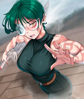 Rule 34 | 1girl, absurdres, black pants, black shirt, breasts, choppy bangs, commentary, cowboy shot, dilan griz, english commentary, eyepatch, glasses, green hair, hand up, highres, holding, holding sword, holding weapon, jujutsu kaisen, large breasts, looking at viewer, multiple scars, muscular, muscular female, one eye covered, open mouth, pants, round eyewear, scar, scar on arm, scar on face, scars all over, shirt, short hair, sleeveless, sleeveless shirt, sleeveless turtleneck, solo, sword, taut clothes, taut shirt, too many, turtleneck, turtleneck shirt, weapon, yellow eyes, zen'in maki, zen'in maki (post shibuya)