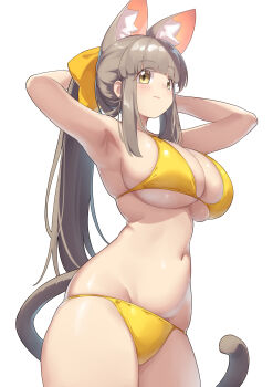 1girl absurdres animal_ears armpits arukiru bikini blush breasts brown_hair cat_ears commentary_request highres large_breasts long_hair navel original ponytail swimsuit yellow_bikini yellow_eyes